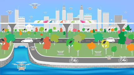Concept and idea smart city show a city in future has used technology help easy and fast transport and help people have a good health and clean environment. Vector EPS10