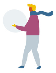 Winter People Outdoor Activity Flat Vector. Man with snow ball