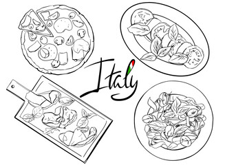 Hand drawn Italian cuisine. Line art food menu design. Illustration traditional food of italy