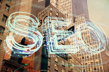 SEO hologram on city view with skyscrapers background double exposure. Search optimization concept.