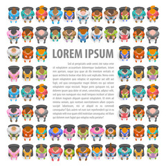 People, men, women, children sit in chairs in the audience. Top view. People sit in the shape of a square frame. View from above.