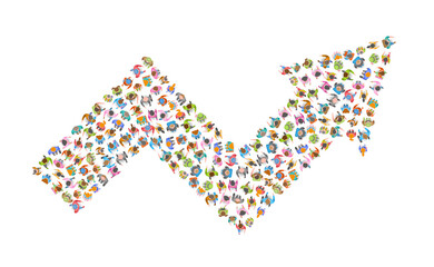 A group of people in the shape of an arrow. Top view. Crowded people vector arrow symbol. View from above. Way to success business concept. 