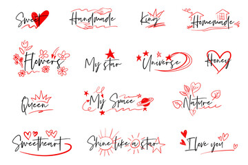 Hand drawn emphasis elements, black and red on white background. Vector symbols for marking, underline and highlighting: lines, swooshes, arrows, hearts, stars, leaves, flowers, crowns and other marks