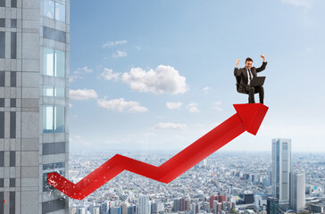 Businessman over a growing red statistic arrow. Concept of success
