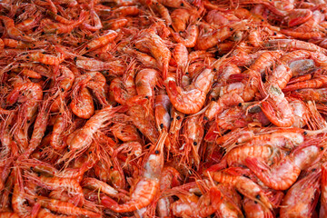 Natural background with lots of red cooked prawns