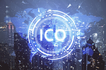 Multi exposure of cryptocurrency theme hologram drawing and city veiw background. Concept of...