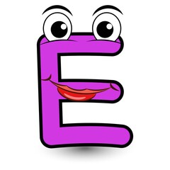 Funny hand drawn cartoon styled font colorful letter E with smiling face vector alphabet illustration isolated on white