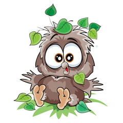 cute owlet sitting on the ground under a leaf from a tree, fell, cartoon illustration, isolated object on a white background, vector illustration,