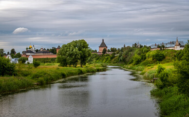 A panoramic view of the monasteries of the city of Suzdal - male and female monastery. Suzdal....