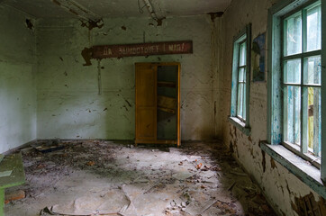 Premises of abandoned elementary school in village of Dronki in exclusion zone of Chernobyl nuclear...