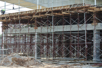 JOHOR, MALAYSIA -APRIL 13, 2016: Scaffolding used as the temporary structure to support platform, form work and structure at the construction site. Also used it as a walking platform for workers. 

