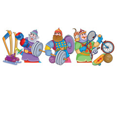 three russian heroes with sports equipment, cartoon illustration, isolated object on white background, vector illustration,