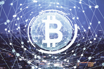 Multi exposure of cryptocurrency theme hologram drawing and city veiw background. Concept of blockchain and bitcoin.