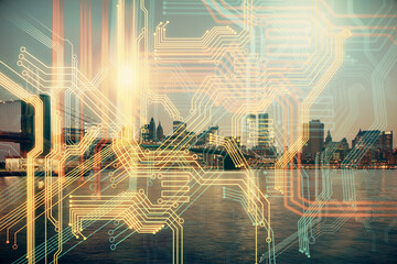 Map and data theme hologram on city view with skyscrapers background double exposure. International technology in business concept.