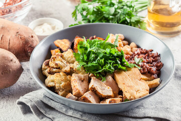 Buddha bowl lunch with chicken and other