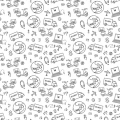 Delivery hand drawn seamless pattern. Doodle shipping elements on white background. Vector illustration.