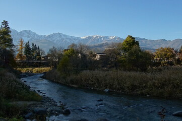 autumn landscape with river in the mountains of Japanese alps