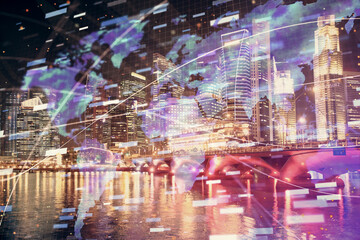 Fototapeta na wymiar Data theme hologram drawing on city view with skyscrapers background multi exposure. Ai concept.