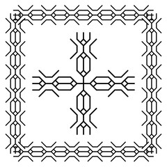Variants of a braided pigtail pattern made on grid cells on a white background. The pattern resembles the shape of a knitted pigtail, and makes up squares, circles, and other geometric shapes.