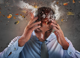 Head explosion of a stressed and tired businessman due to overwork.