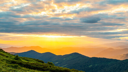 Colorful landscape at sunset in the mountains, scenic wild nature, Carpathians