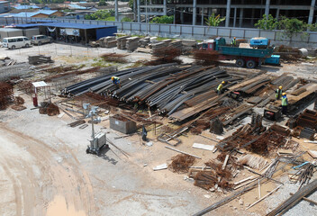 SEPANG, MALAYSIA -JUNE 04, 2016: Bar bending yard at the construction site. Here the reinforcement...