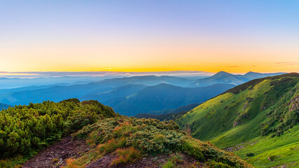 Fototapeta premium Colorful sunrise landscape in the mountains, scenic wild nature panorama at the dawn, Carpathians