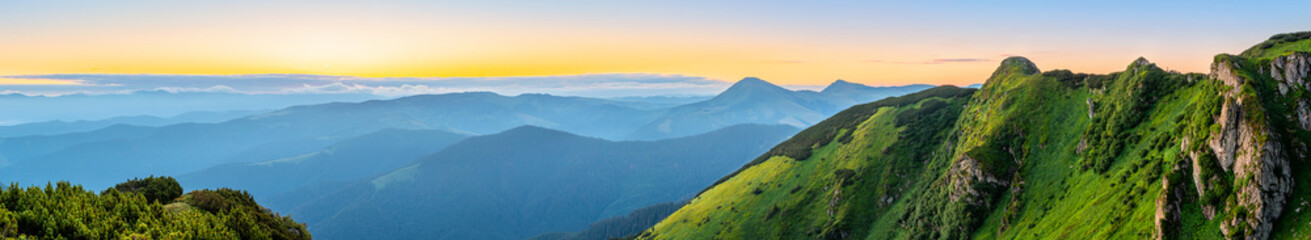 Colorful sunrise landscape in the mountains, scenic wild nature panorama at the dawn, Carpathians