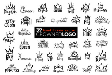 Crown icon logo. Set of 39 hand drawn crowns logo with tiara and inscriptions. Design kit for branding and identity with symbols of power, success, leadership and wealth or riches. © Sopelkin