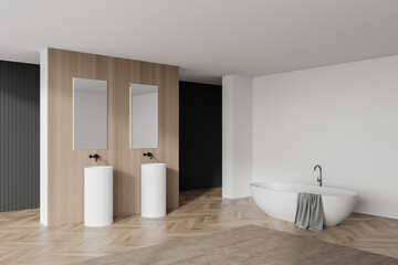 White and wooden bathroom corner, tub and sinks