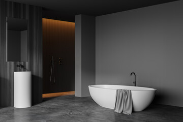 Fototapeta na wymiar Sink and tub in grey and wooden bathroom corner