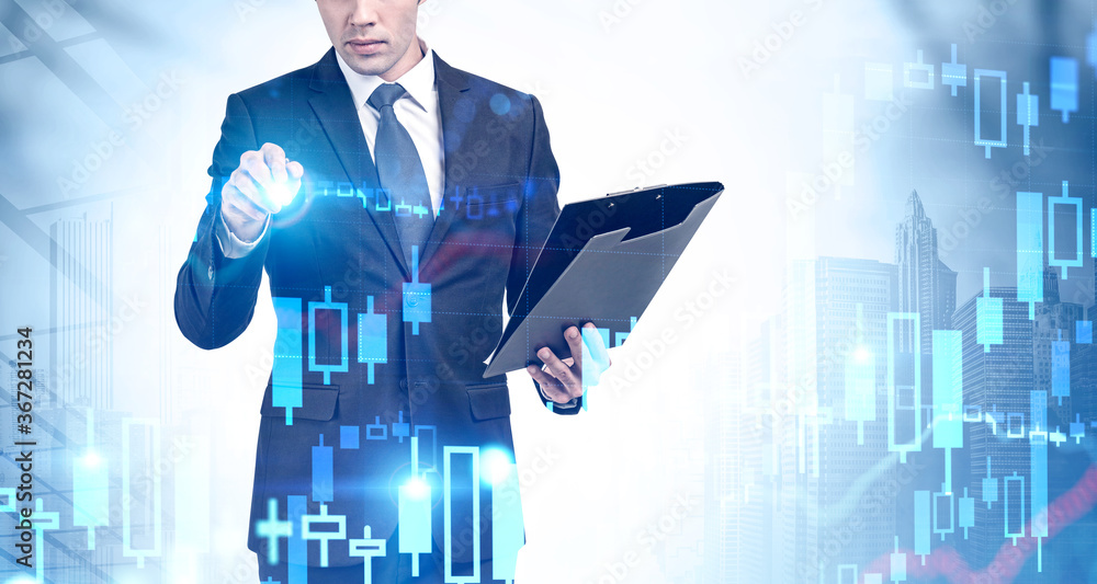 Poster man with clipboard using graph interface