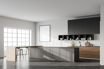Obraz premium White kitchen corner with bar, window and poster