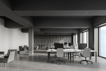 Grey and wooden open space office with columns