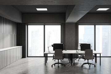 Grey and wooden open space office, front view