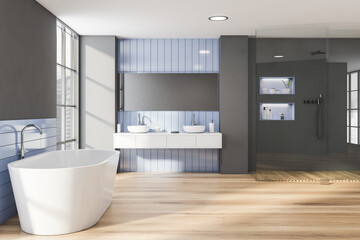 Fototapeta na wymiar Grey and blue bathroom, side view