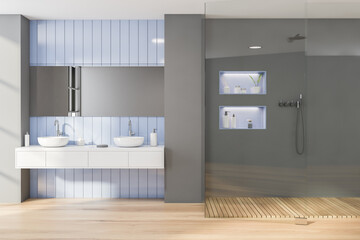 Grey and blue bathroom, sink and shower