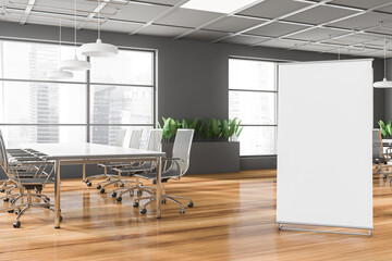 Panoramic grey meeting room with banner