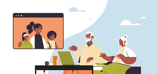 woman with child having virtual meeting with grandparents during video call family chat online communication concept portrait horizontal vector illustration