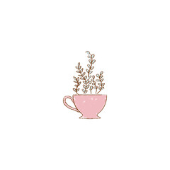 pink red cup with tree. tea cup with plant. hand-drawn vintage grunge style colorful cartoon
