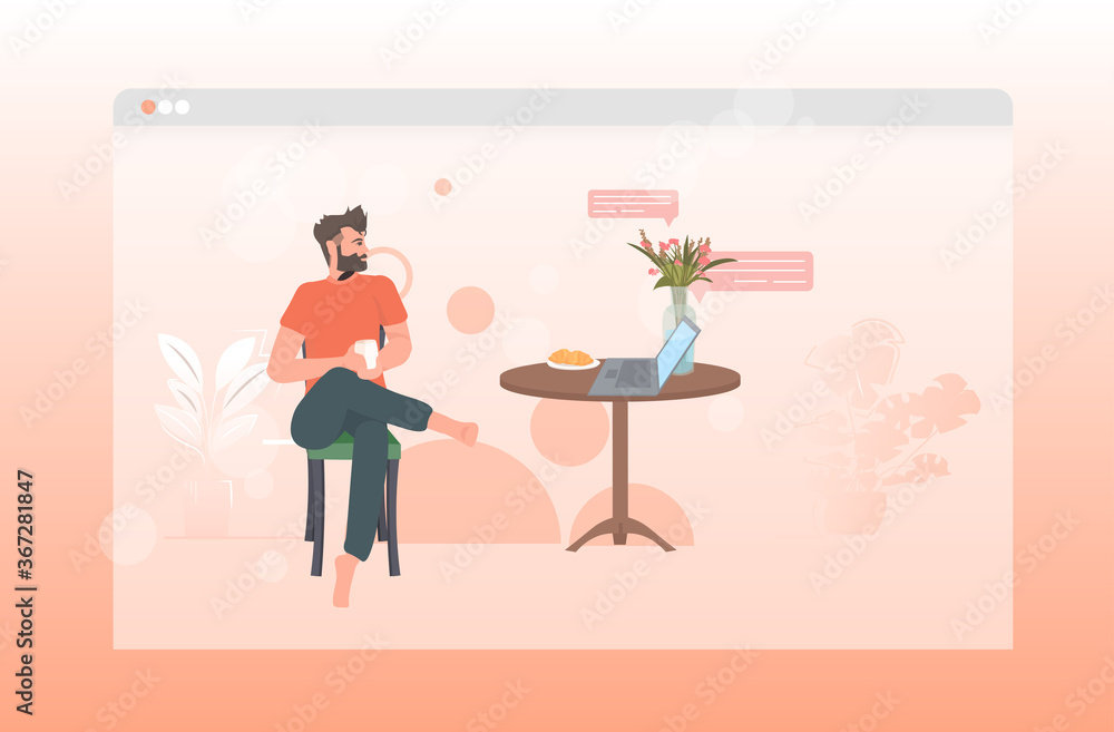 Aufkleber man using laptop remote work quarantine isolation chat bubble communication concept guy relaxing at 
