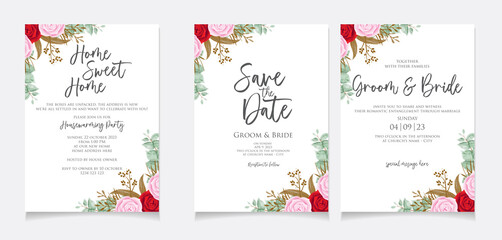 Invitation card template with watercolor rose design frame for Housewarming party celebration, save the date, wedding or greeting card. Vector design