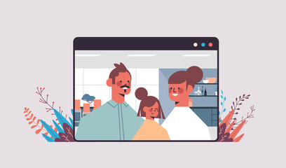 parents with child during video call family chat online communication concept man woman and daughter in web browser window portrait horizontal vector illustration