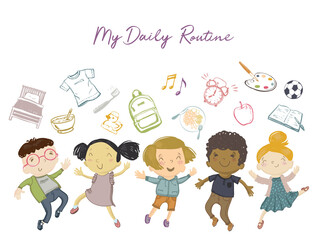Kids daily routine. Happy kids with daily activities. Boys and girls. Smart, Beauty, Geek, Asian, Chinese, European, Caucasian. Jumping and smiling. Cartoon doodle vector illustration