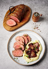 Beef bon fillet with mushrooms, shallots and red wine