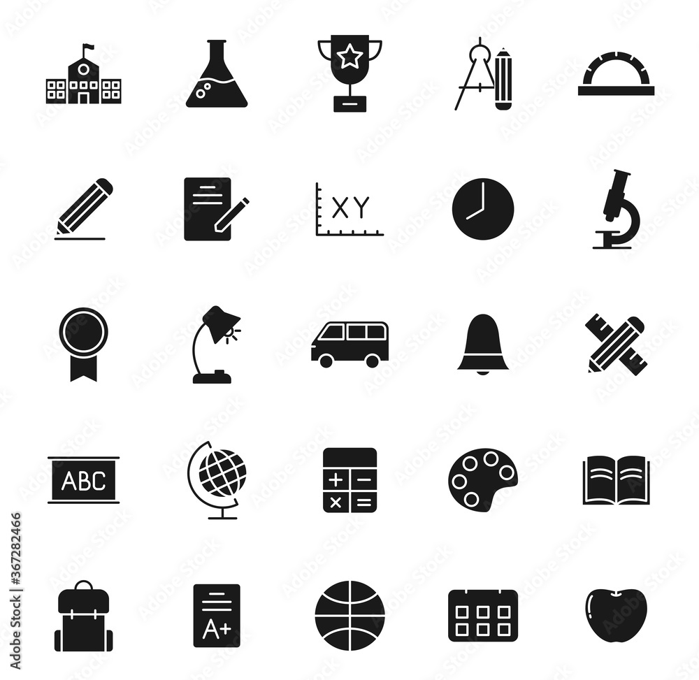 Poster school black vector icons isolated on white background. school icon set for web and ui design, mobil