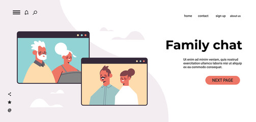 couple having virtual meeting with grandparents during video call family chat communication concept people chatting in web browser windows portrait horizontal copy space vector illustration