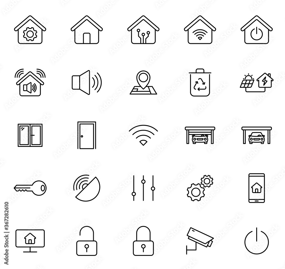 Poster smart home outline vector icons isolated on white background. smart home icon set for web and ui des