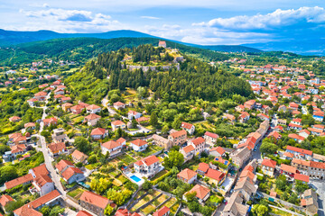 Town of Sinj in Dalmatia hinterland view, historic fortress and church on the hill