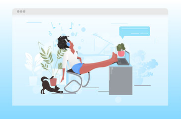 girl in headphones listening to music woman sitting at workplace quarantine isolation chat bubble communication concept girl relaxing at home full length horizontal vector illustration